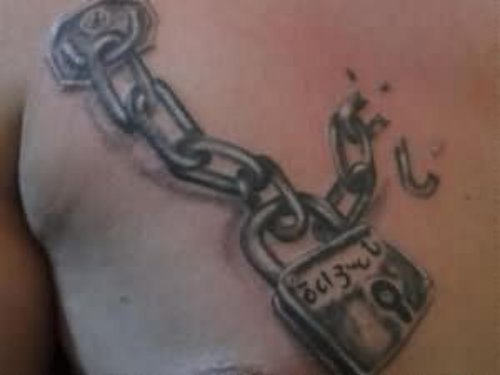 Neck Chain With Lock Tattoo On Chest